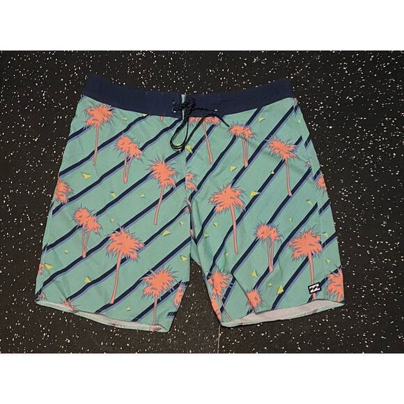 Billabong Board Shorts Recyclers Sundays Pro 32 Teal Blue Pink PALM TREES Swim - Picture 1 of 5